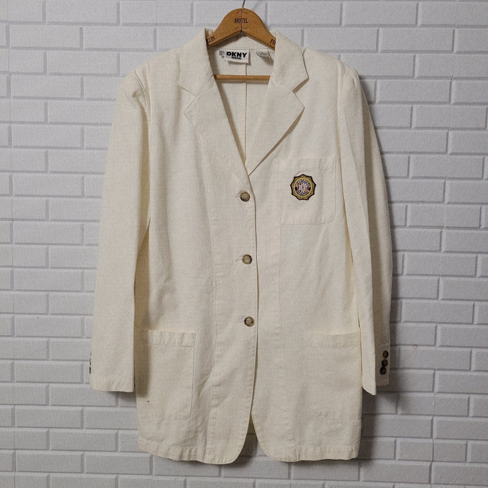 Vtg 90s DKNY Jeans Blazer Small Cream Cotton Longline Sporty Prep Crest - Picture 2 of 12